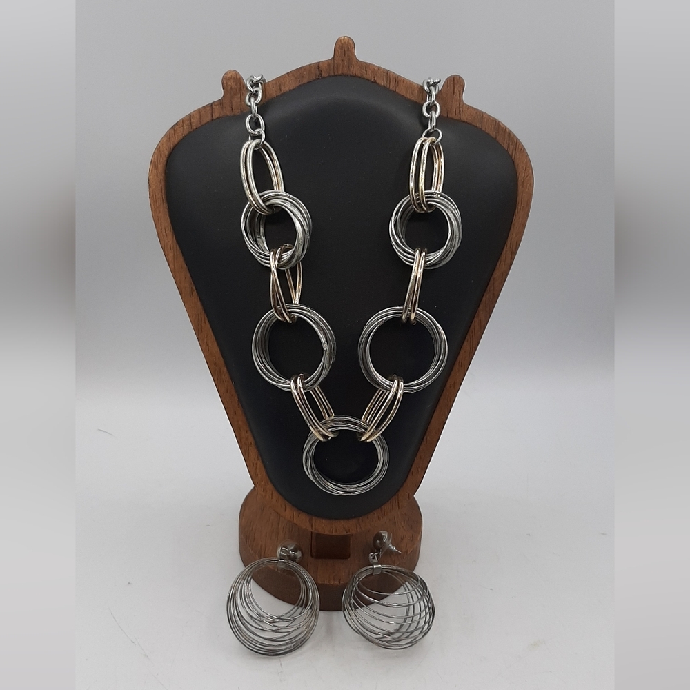 Silver Gold Metal Chain Necklace and Pierced Earring Set